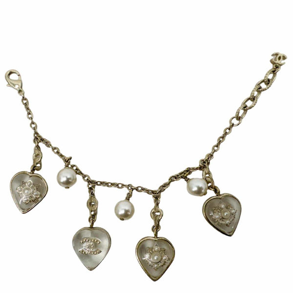 CHANEL Crystal Pearl Heart CC Charm Bracelet Off White
