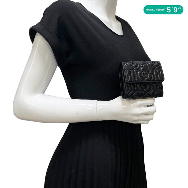 CHANEL Camellia Embossed Lambskin Leather Wallet Black
