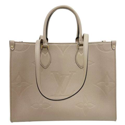 LOUIS VUITTON Onthego MM Giant Monogram Empreinte Leather Tote Bag Beige