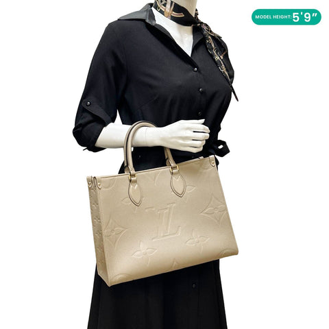 LOUIS VUITTON Onthego MM Giant Monogram Empreinte Leather Tote Bag Beige