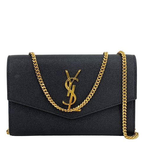 YVES SAINT LAURENT Uptown Envelope Grain De Poudre Leather Crossbody Chain Wallet Black