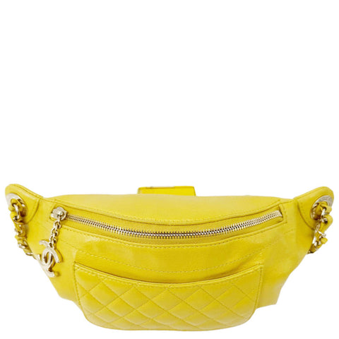 CHANEL Crumpled Glazed Lambskin Quilted Leather Waist Bag Yellow