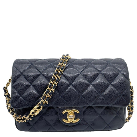 CHANEL CC You Flap Small Quilted Caviar Leather Crossbody Bag Navy Blue