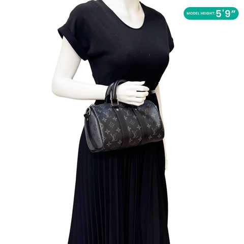 LOUIS VUITTON Keepall 25 Bandouliere Monogram Eclipse Reverse Canvas Satchel Bag Black