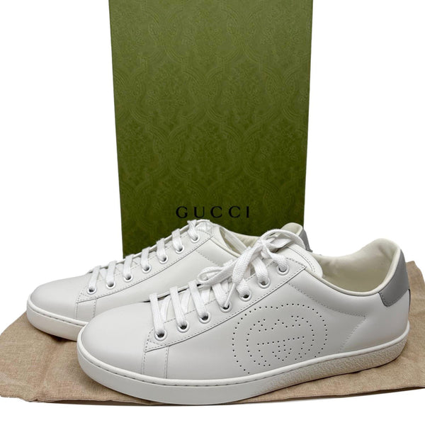 GUCCI Interlocking G Perforated Calfskin Leather Sneakers Grey 718758 Size 38.5