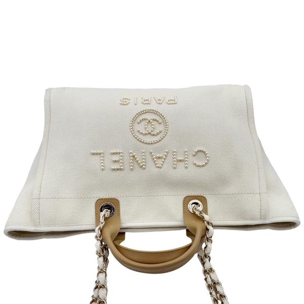 CHANEL Deauville Large Pearl Embellished Canvas Tote Bag Off White