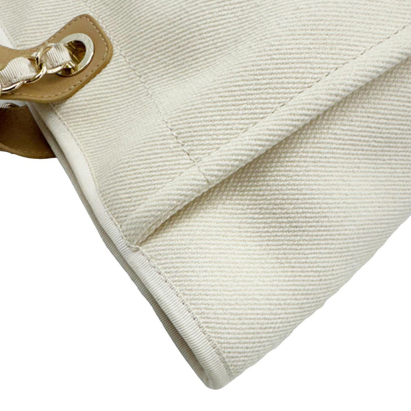 CHANEL Deauville Large Pearl Embellished Canvas Tote Bag Off White