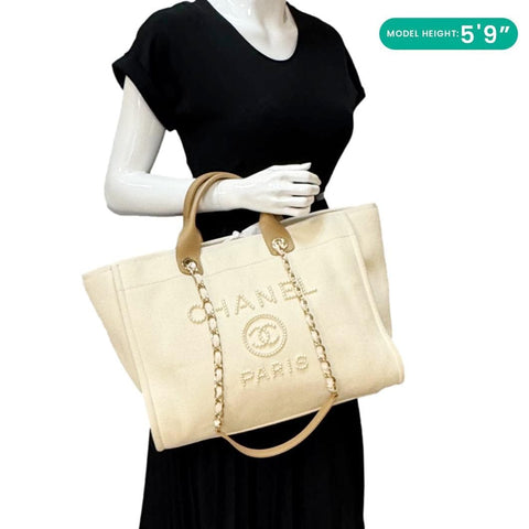 CHANEL Deauville Large Pearl Embellished Canvas Tote Bag Off White