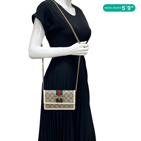 GUCCI Web Queen Margaret Mini GG Supreme Canvas Chain Wallet Beige 476079