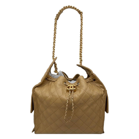 CHANEL 25 Medium Quilted Caviar Leather Shoulder Bag Biege