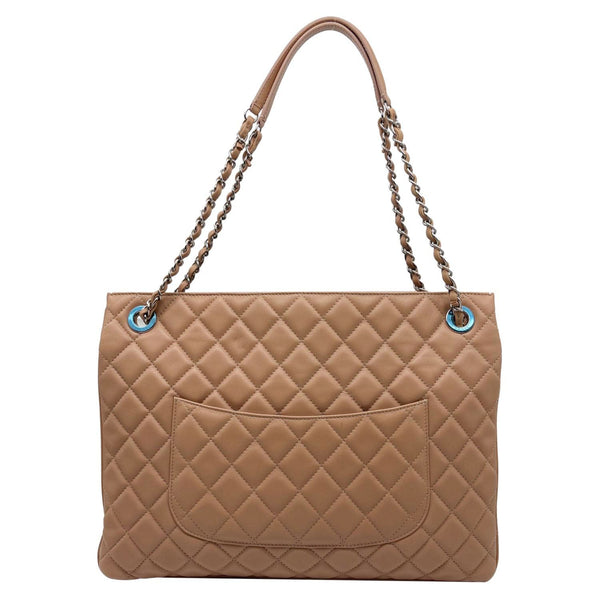 CHANEL Zip Large Quilted Lambskin Leather Tote Bag Beige