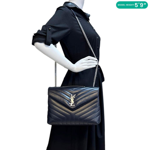 YVES SAINT LAURENT Loulou Medium Quilted Leather Crossbody Bag Navy Blue