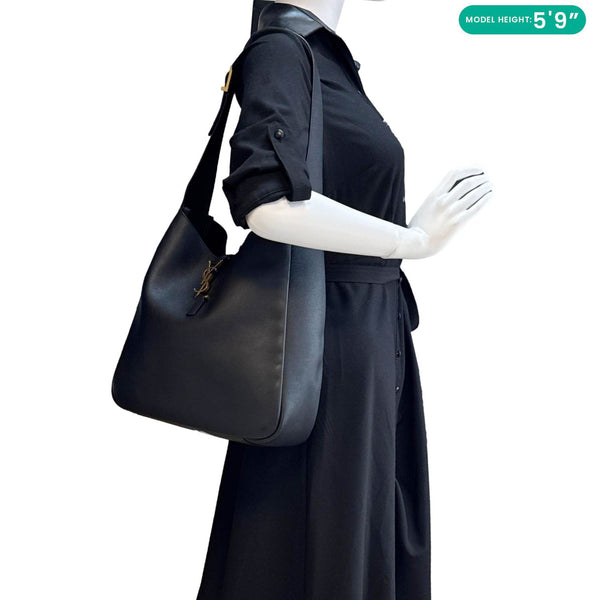 YVES SAINT LAURENT Le 5 a 7 Large Supple Calfskin Leather Soft Hobo Bag Black