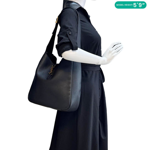 YVES SAINT LAURENT Le 5 a 7 Large Supple Calfskin Leather Soft Hobo Bag Black