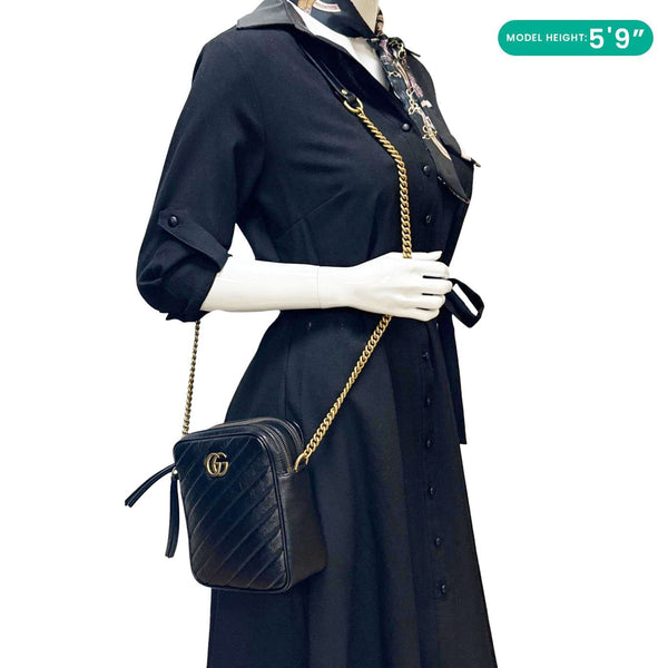 GUCCI GG Marmont Mini Diagonal Matelasse Calfskin Crossbody Bag Black 550155