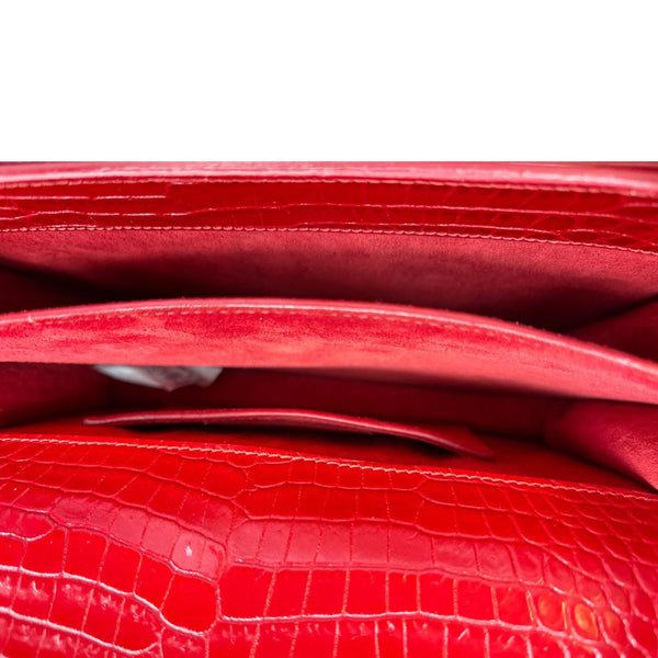 YVES SAINT LAURENT Sunset Monogram Crocodile Embossed Leather Crossbody Bag Red