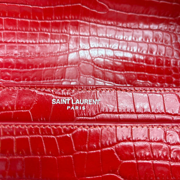 YVES SAINT LAURENT Sunset Monogram Crocodile Embossed Leather Crossbody Bag Red