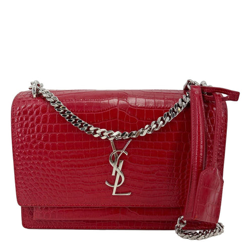 YVES SAINT LAURENT Sunset Monogram Crocodile Embossed Leather Crossbody Bag Red