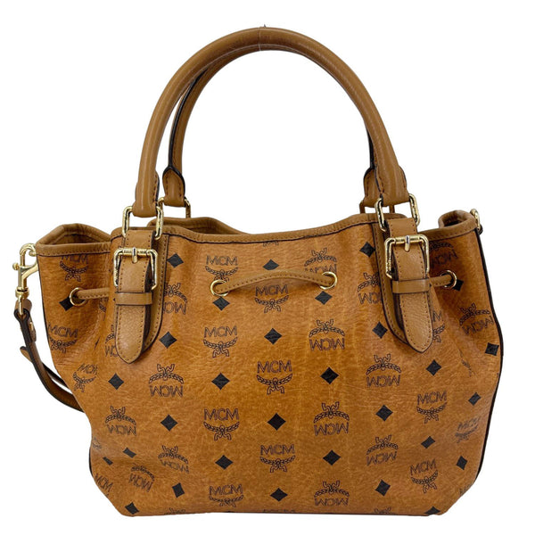 MCM Visetos Canvas Drawstring Shopper Tote Bag Cognac