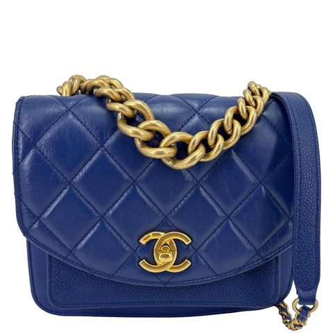 CHANEL Handle Flap Mini Quilted Caviar Calfskin Leather Chain Shoulder Bag Blue