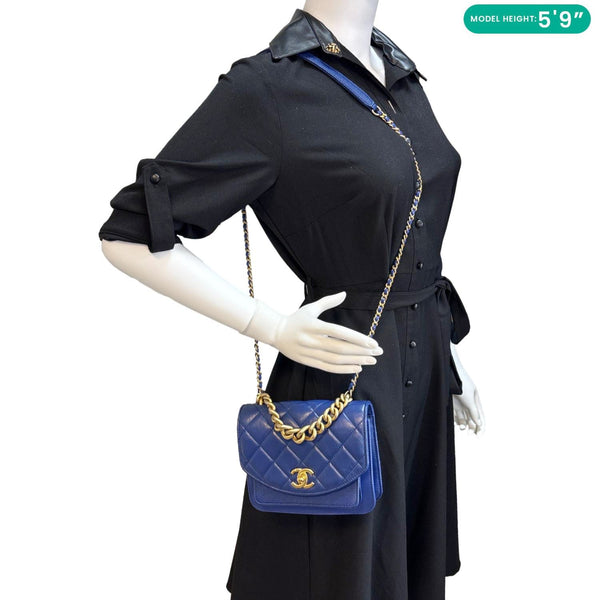 CHANEL Handle Flap Mini Quilted Caviar Calfskin Leather Chain Shoulder Bag Blue