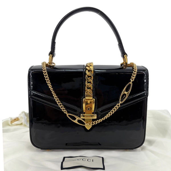 GUCCI Sylvie 1969 Mini Patent Leather Top Handle Shoulder Bag Black 589479