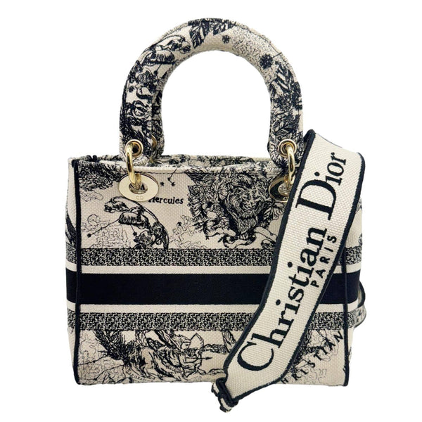CHRISTIAN DIOR Lady D-Lite Medium Embroidered Zodiac Toile De Jouy Shoulder Bag White