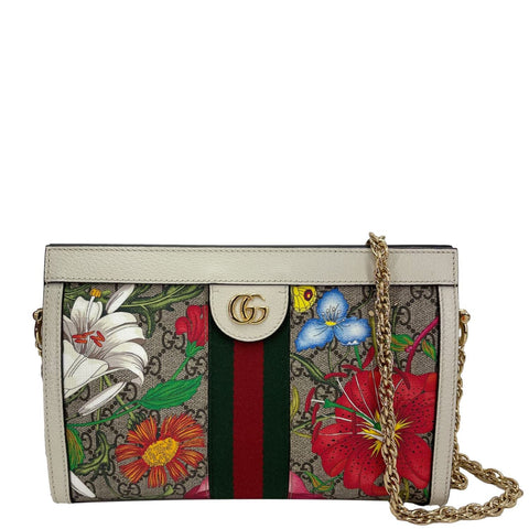 GUCCI Ophidia Web GG Supreme Flora Canvas Chain Shoulder Bag Beige 503877