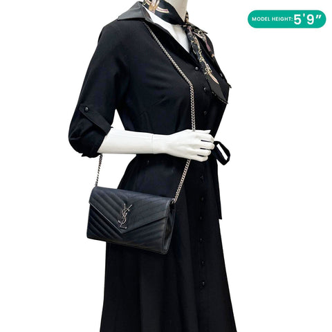 YVES SAINT LAURENT Cassandra Matelasse Grain De Poudre Chain Wallet Black