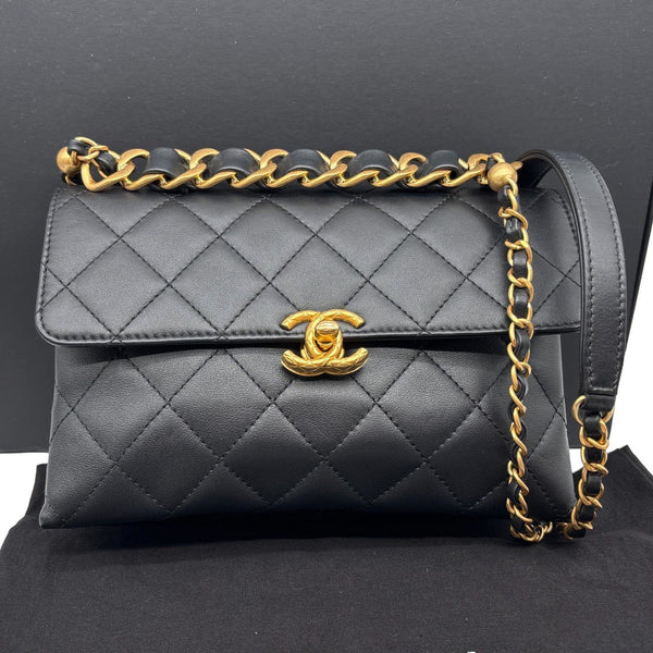 CHANEL CC Top Handle Flap Chain Bar Quilted Calfskin Leather Shoulder Bag Black