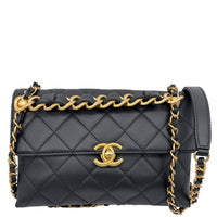 CHANEL CC Top Handle Flap Chain Bar Quilted Calfskin Leather Shoulder Bag Black