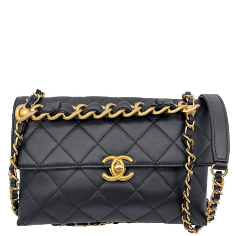 CHANEL CC Top Handle Flap Chain Bar Quilted Calfskin Leather Shoulder Bag Black