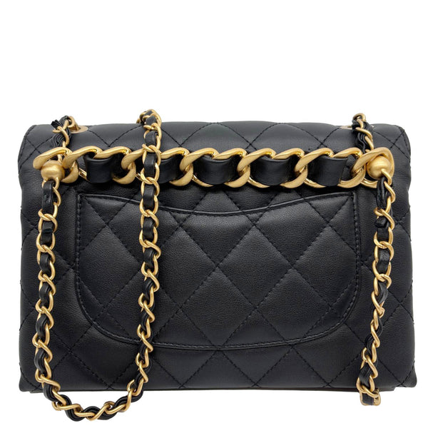 CHANEL CC Top Handle Flap Chain Bar Quilted Calfskin Leather Shoulder Bag Black