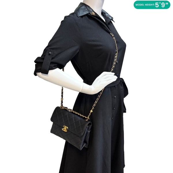 CHANEL CC Top Handle Flap Chain Bar Quilted Calfskin Leather Shoulder Bag Black