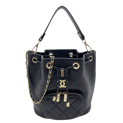 CHANEL Business Affinity Caviar Quilted Leather Drawstring Bucket Bag Black