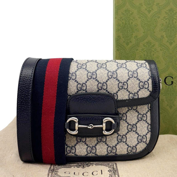 GUCCI Horsebit 1955 Flap Mini Dollar GG Supreme Canvas Shoulder Bag Navy Blue 658574