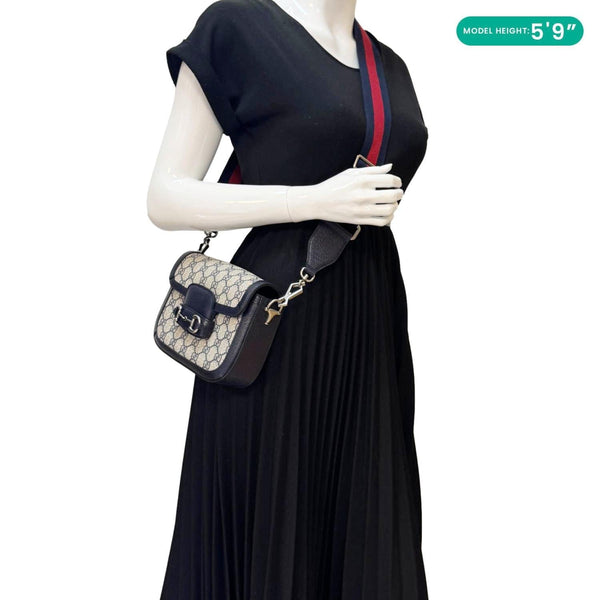GUCCI Horsebit 1955 Flap Mini Dollar GG Supreme Canvas Shoulder Bag Navy Blue 658574