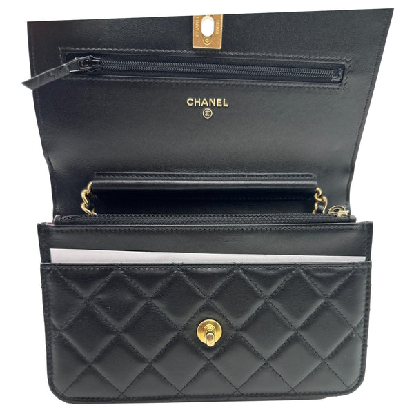CHANEL Pearl Crown Quilted Lambskin Leather Wallet On Chain Black