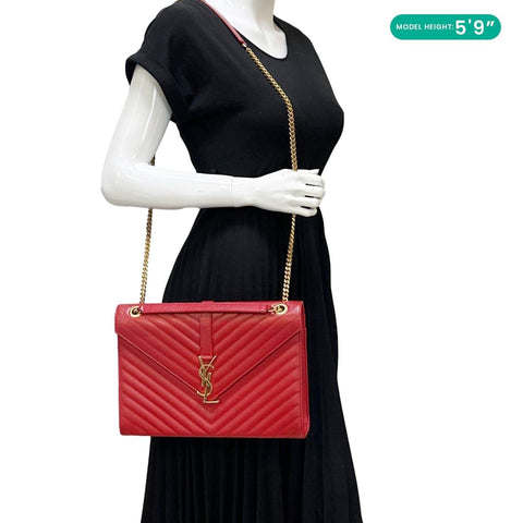 YVES SAINT LAURENT Envelope Flap Large Grain De Poudre Crossbody Bag Red