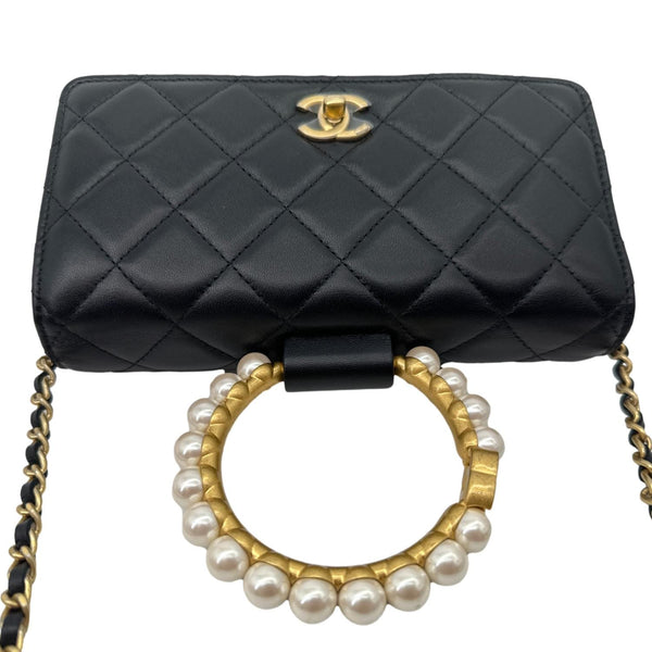 CHANEL Pearl Crown Quilted Lambskin Leather Wallet On Chain Black