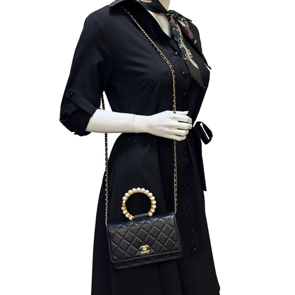 CHANEL Pearl Crown Quilted Lambskin Leather Wallet On Chain Black
