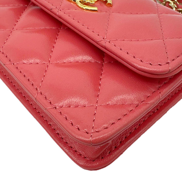 CHANEL Shiny Quilted Lambskin Leather Card Holder On Chain Red