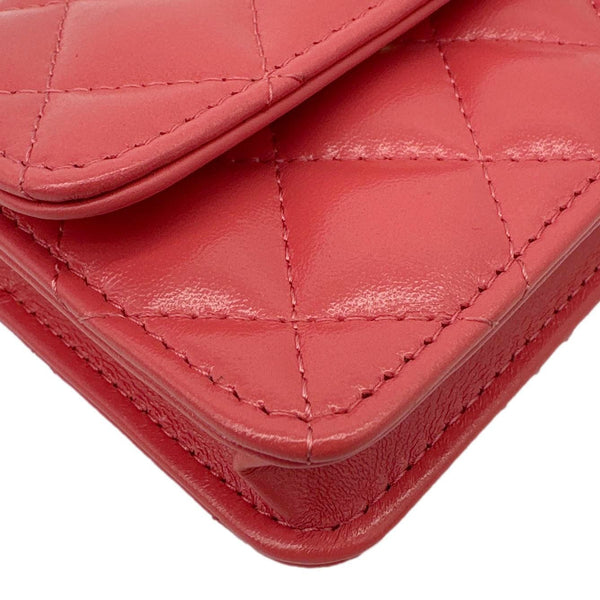 CHANEL Shiny Quilted Lambskin Leather Card Holder On Chain Red