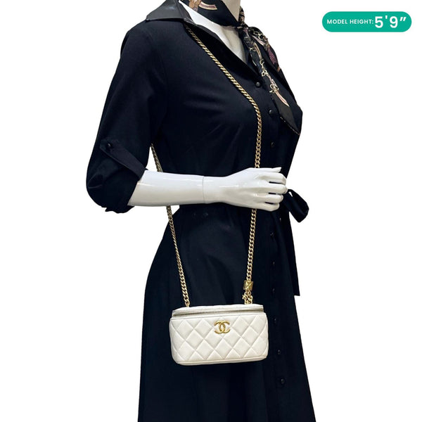 CHANEL Pillow Crush Small Quilted Lambskin Leather Vanity Case With Chain White