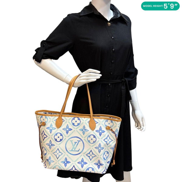 LOUIS VUITTON Neverfull MM By The Pool 2.0 Monogram Tiles Canvas Tote Bag Lagoon Blue