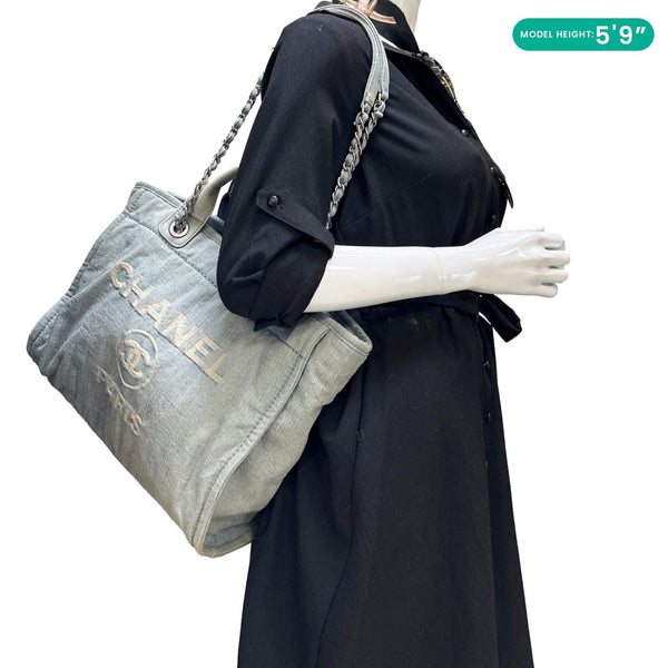 CHANEL Deauville Small Distressed Denim Shopping Tote Bag Blue