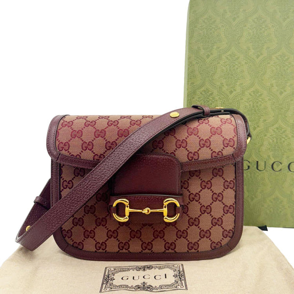 GUCCI Horsebit 1955 Medium GG Supreme Canvas Shoulder Bag Sahara Rubino 602204