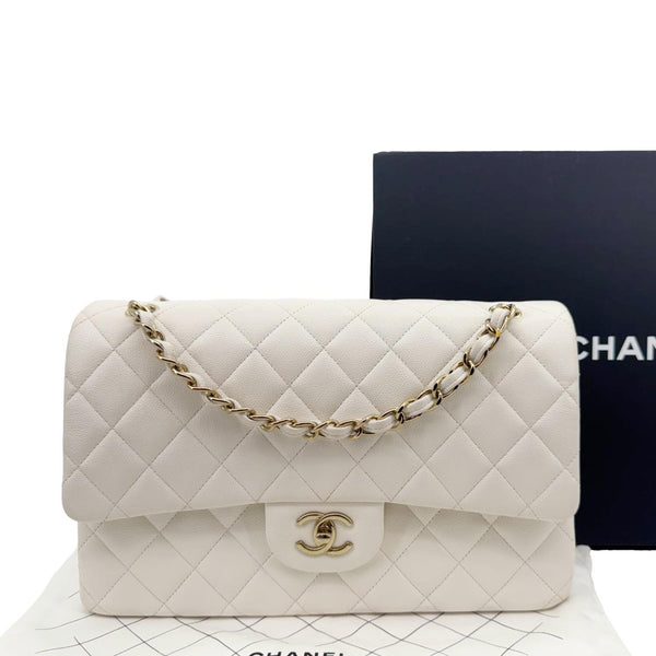 CHANEL Classic Double Flap Quilted Caviar Leather Shoulder Bag White