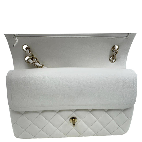 CHANEL Classic Double Flap Quilted Caviar Leather Shoulder Bag White
