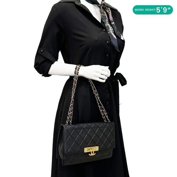 CHANEL Golden Class Flap Quilted Lambskin Leather Shoulder Bag Black